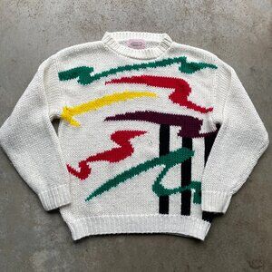 Vintage Lindsay Gray Abstract Colorful Chunky Knit Sweater Size Large